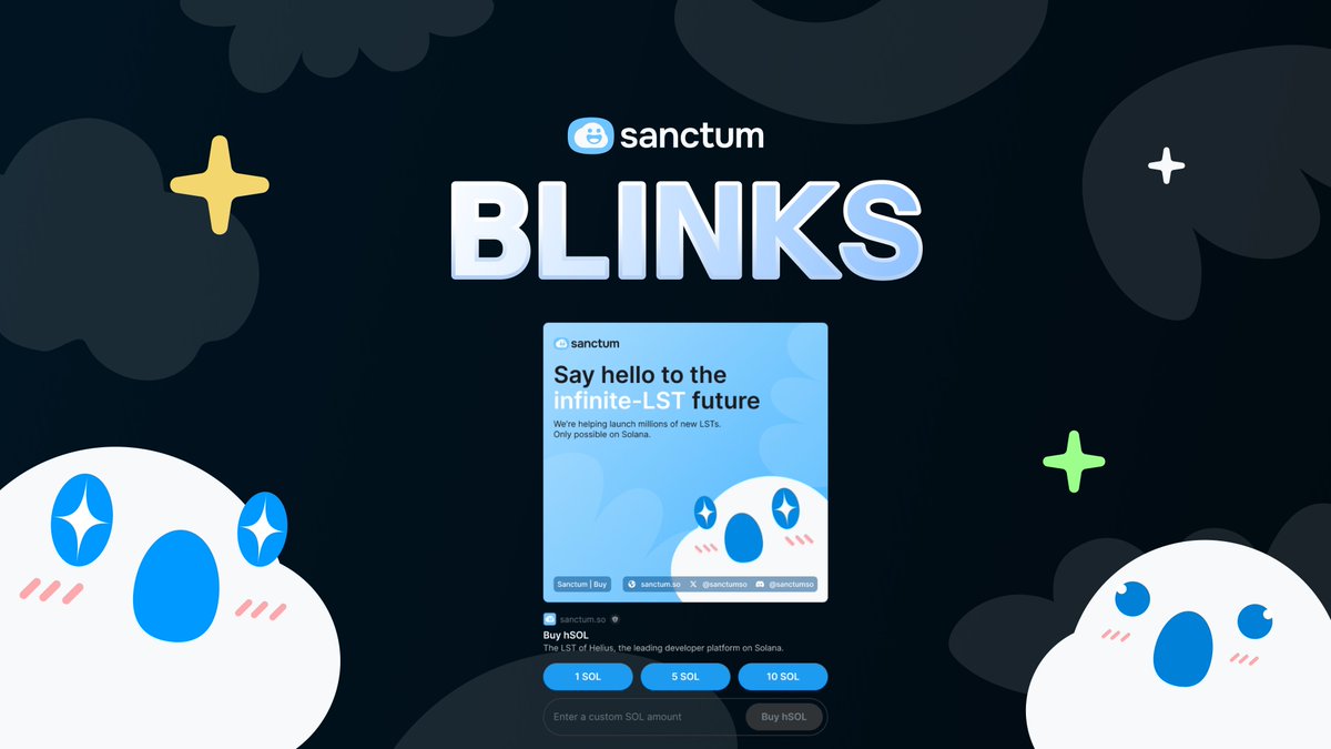sanctum βοΈ (@sanctumso) on Twitter photo 1/ Sanctum is super excited to be a launch partner with <a href="/saydialect/">Dialect π₯ (hiring)</a> for this groundbreaking initiative.
Want to stake your SOL to one of Sanctum's LSTs?
With Blinks, you can do that without even leaving your π feed.
It's time to Blink! 1/ Sanctum is super excited to be a launch partner with <a href="/saydialect/">Dialect π₯ (hiring)</a> for this groundbreaking initiative.
Want to stake your SOL to one of Sanctum's LSTs?
With Blinks, you can do that without even leaving your π feed.
It's time to Blink!