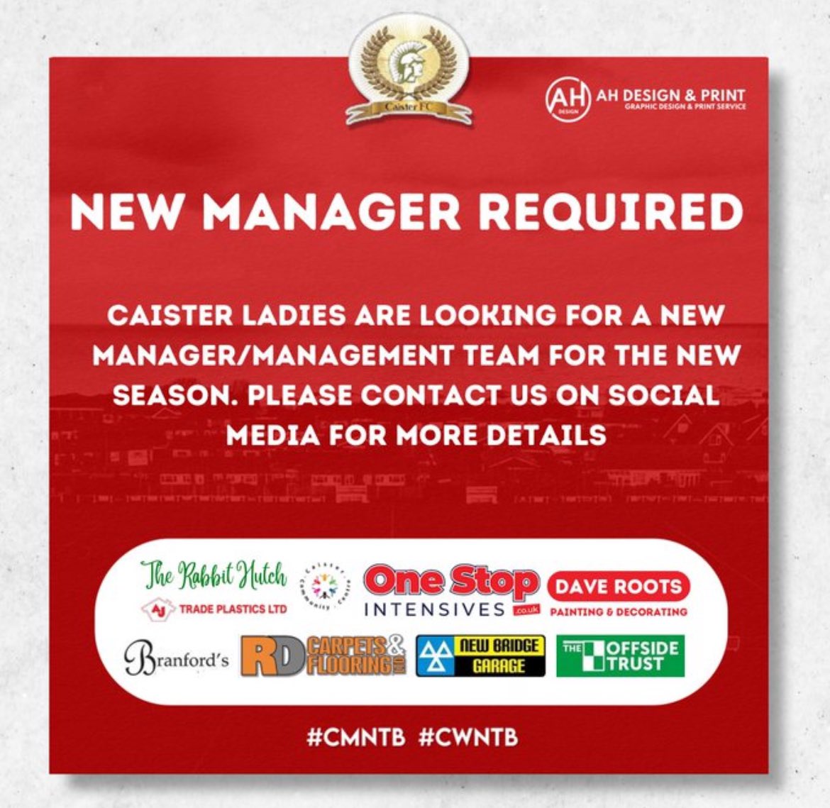 We are looking for a manager and/or coaches to join our ladies side for the 24/25 season. 

Drop us a message if you are up for the challenge! 

#cwntb