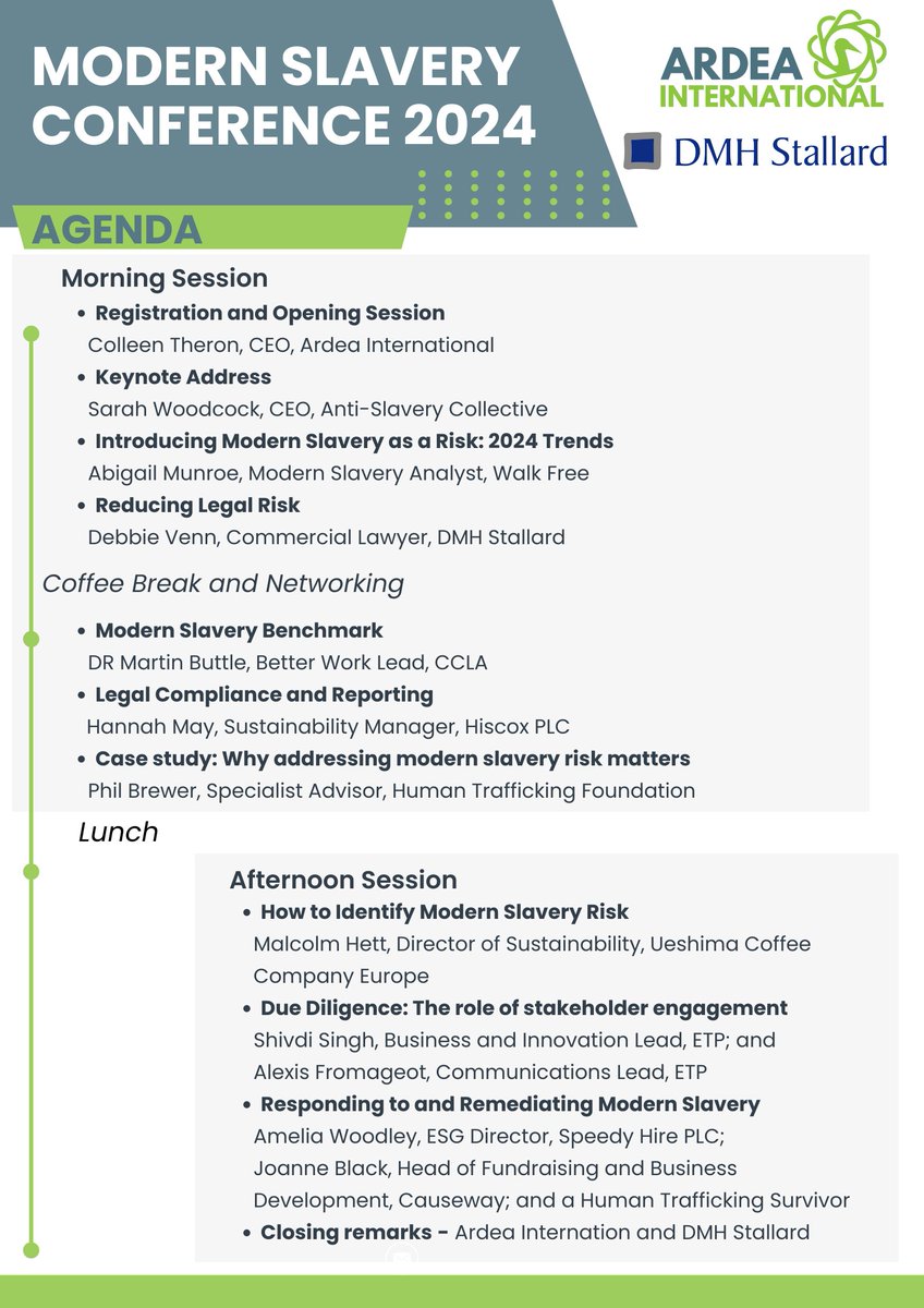 ardeaint's tweet image. 🎉 Our full agenda for our  2024 conference is finally here! We're delighted to announce a full line-up of speakers from across sectors. We'll hear from legal experts, NGOs, get a survivor perspective, and more: lnkd.in/eYw9wXgE​ #ardeaconference #endmodernslavery #HRDD