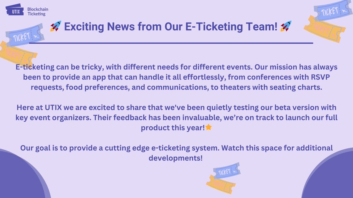 UTIX_US's tweet photo. πExciting News from the UTIX E-Ticketing Team!π
#UTIX #FutureOfTicketing #blockchaintechnology #excitingnews https://t.co/l0chkpSo8U