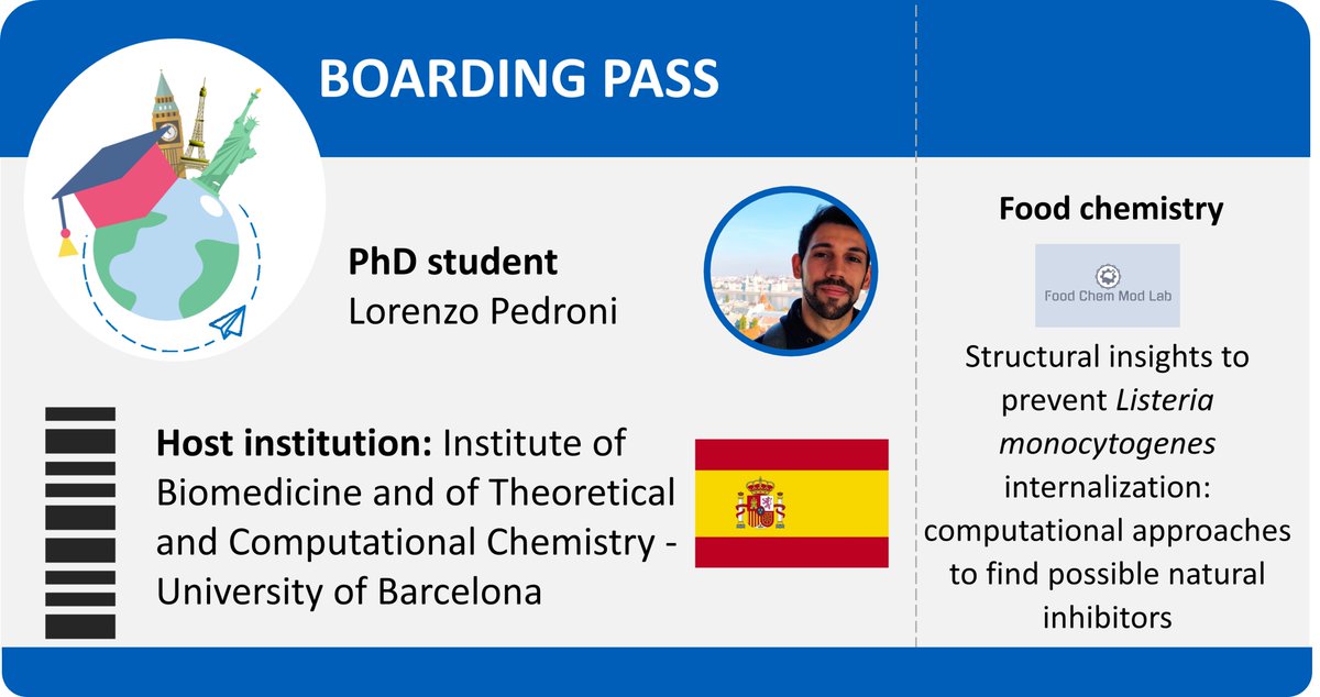 FoodScience_UNIPR (@foodphdunipr) on Twitter photo Hello world!🌍
The #BoardingPass of the day is about Lorenzo's visiting period! He has joined the Computational Biology and Drug Design group in #Barcelona <a href="/UniBarcelona/">Universitat de Barcelona</a>, working on computational approaches to prevent Listeria monocytogenes internalization.
👀Take a look👇 Hello world!🌍
The #BoardingPass of the day is about Lorenzo's visiting period! He has joined the Computational Biology and Drug Design group in #Barcelona <a href="/UniBarcelona/">Universitat de Barcelona</a>, working on computational approaches to prevent Listeria monocytogenes internalization.
👀Take a look👇