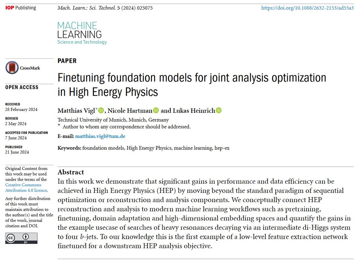 Machine Learning: Science and Technology (@mlstjournal) on Twitter photo Great new work by <a href="/MatthiasVigl/">Matthias Vigl</a> Nicole Hartman and <a href="/lukasheinrich_/">Lukas Heinrich</a> <a href="/TU_Muenchen/">TU München</a> - 'Finetuning foundation models for joint analysis 'optimization in #HighEnergyPhysics' - iopscience.iop.org/article/10.108… #machinelearning #HEP #particlephysics #LHC #Higgs #datascience #AI Great new work by <a href="/MatthiasVigl/">Matthias Vigl</a> Nicole Hartman and <a href="/lukasheinrich_/">Lukas Heinrich</a> <a href="/TU_Muenchen/">TU München</a> - 'Finetuning foundation models for joint analysis 'optimization in #HighEnergyPhysics' - iopscience.iop.org/article/10.108… #machinelearning #HEP #particlephysics #LHC #Higgs #datascience #AI