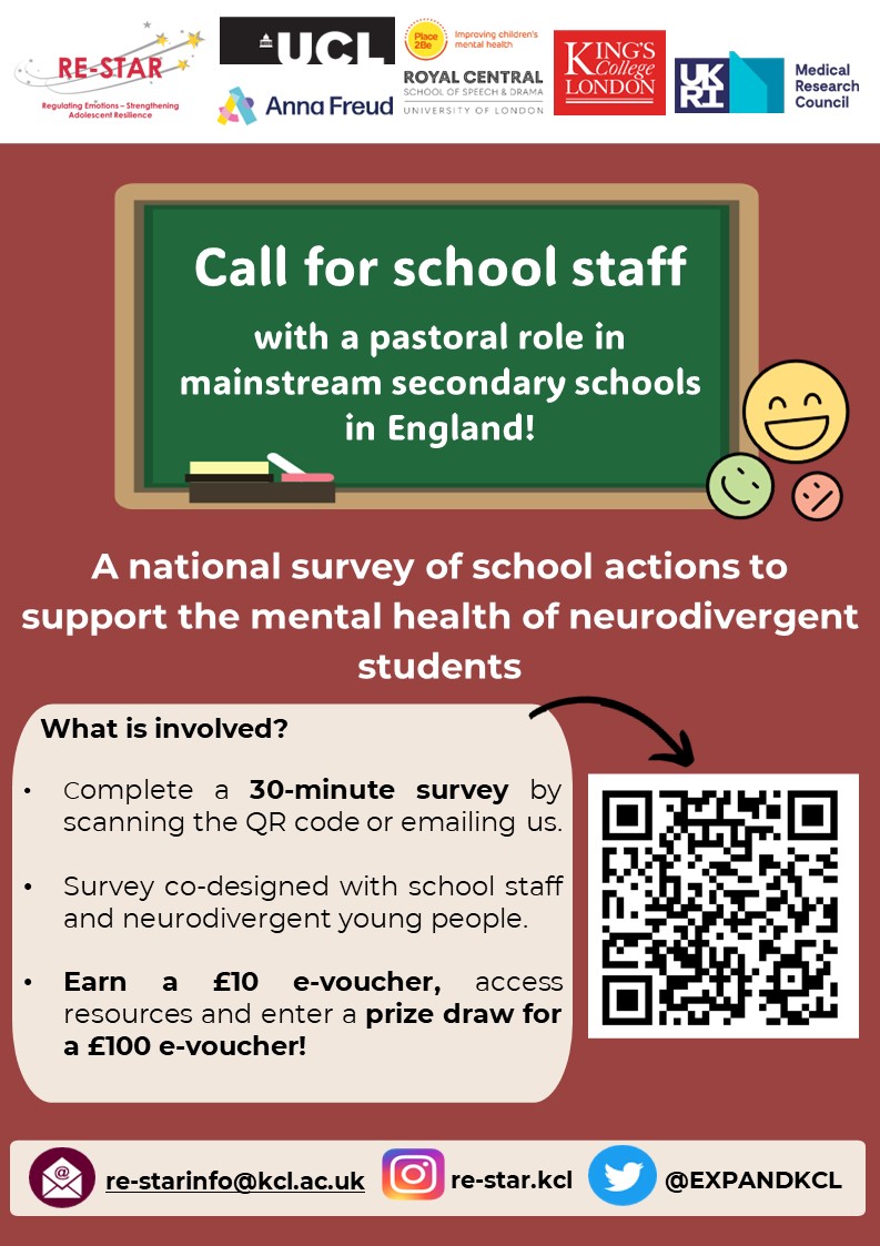 Myrofora Kakoulidou (Myrto) she/her (@myrtokakoulidou) on Twitter photo 📢School staff needed for RE-STAR's survey📢
We want to hear from Heads of Years 7-11 + Designated Mental Health Leads about important actions when promoting the mental health of autistic/ADHD students + staff working with them.
Survey👇 qualtrics.kcl.ac.uk/jfe/form/SV_a9…
<a href="/UCL_IOE_CIE/">UCL Centre for Inclusive Education</a> 📢School staff needed for RE-STAR's survey📢
We want to hear from Heads of Years 7-11 + Designated Mental Health Leads about important actions when promoting the mental health of autistic/ADHD students + staff working with them.
Survey👇 qualtrics.kcl.ac.uk/jfe/form/SV_a9…
<a href="/UCL_IOE_CIE/">UCL Centre for Inclusive Education</a>
