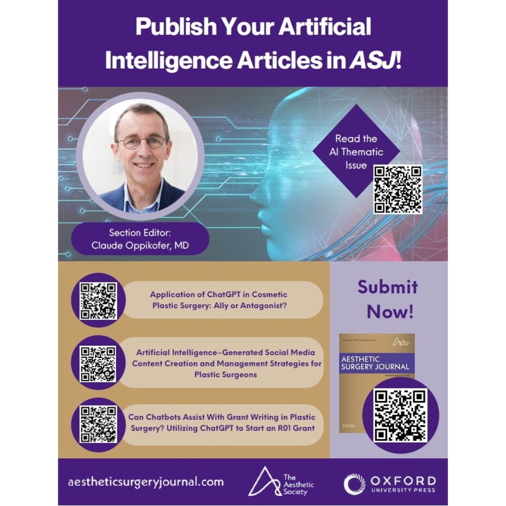 Aesthetic Surgery Journal/ASJ Open Forum (@asjrnl) on Twitter photo Have you read our special thematic issue on artificial intelligence? We're looking for more papers on AI. Submit to ASJ today! Read the thematic issue, "Robots, AI, and Plastic Surgery—Oh My!", HERE: academic.oup.com/asj/pages/robo…
@phaedracress <a href="/drkenkel/">Jeffrey Kenkel, MD</a> <a href="/GabiMiottoMD/">Gabriele Miotto MD</a> <a href="/saferimplants/">Anand Deva</a> Have you read our special thematic issue on artificial intelligence? We're looking for more papers on AI. Submit to ASJ today! Read the thematic issue, "Robots, AI, and Plastic Surgery—Oh My!", HERE: academic.oup.com/asj/pages/robo…
@phaedracress <a href="/drkenkel/">Jeffrey Kenkel, MD</a> <a href="/GabiMiottoMD/">Gabriele Miotto MD</a> <a href="/saferimplants/">Anand Deva</a>