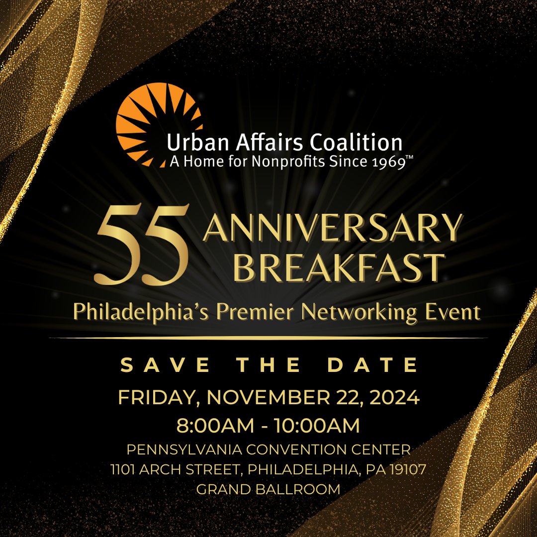 Join us in celebrating 55 years of community empowerment at the Urban Affair Coalition's Anniversary Breakfast! Save the date for Friday, November 22, 2024, at the Pennsylvania Convention Center.  #UAC55 #UACAnniversaryBreakfast