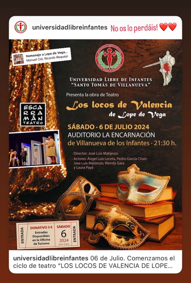 ulinfantes's tweet photo. 06 de Julio. Comenzamos el ciclo de teatro “LOS LOCOS DE VALENCIA DE LOPE DE VEGA”, a las 21:30, en el Auditorio de La Encarnación, #ULI, presenta la obra de #teatro  Entradas disponibles en la oficia de Turismo.recaudación será cedida a Cáritas Parroquial de @vva_infantes https://t.co/ZW4Q2ehi4y