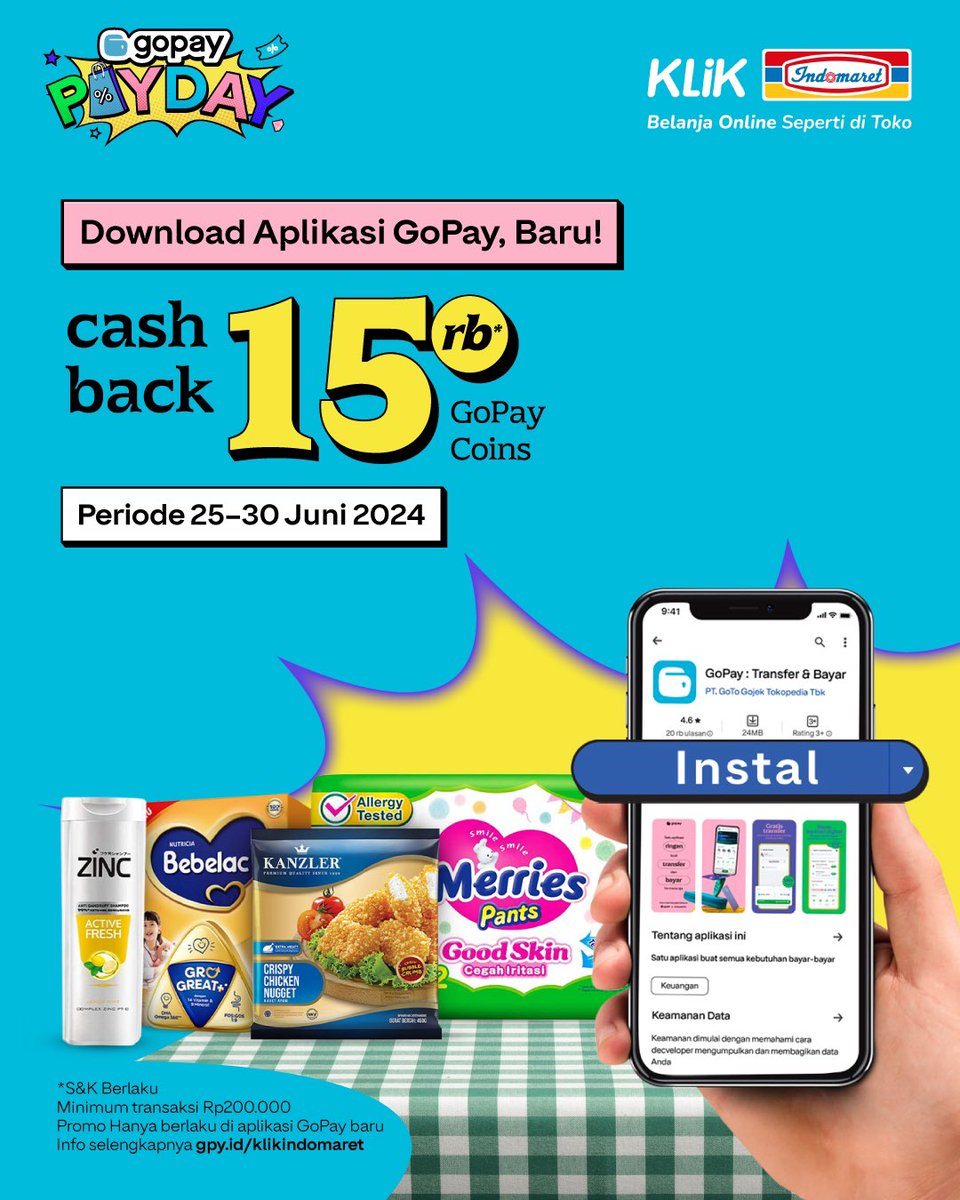 gopayindonesia's tweet photo. Saatnya berburu promo di #GOPAYPAYDAY! 😎

Mau belanja apa pun kebutuhanmu di mana-mana bisa lebih hemat dengan CASHBACK &amp; DISKON hingga 50 RIBU kalo bayar pakai aplikasi GoPay, baru!

Syarat dan ketentuan berlaku. Cek info lengkapnya di https://t.co/mTK36VE1Lc https://t.co/FMfc3X8Tnx