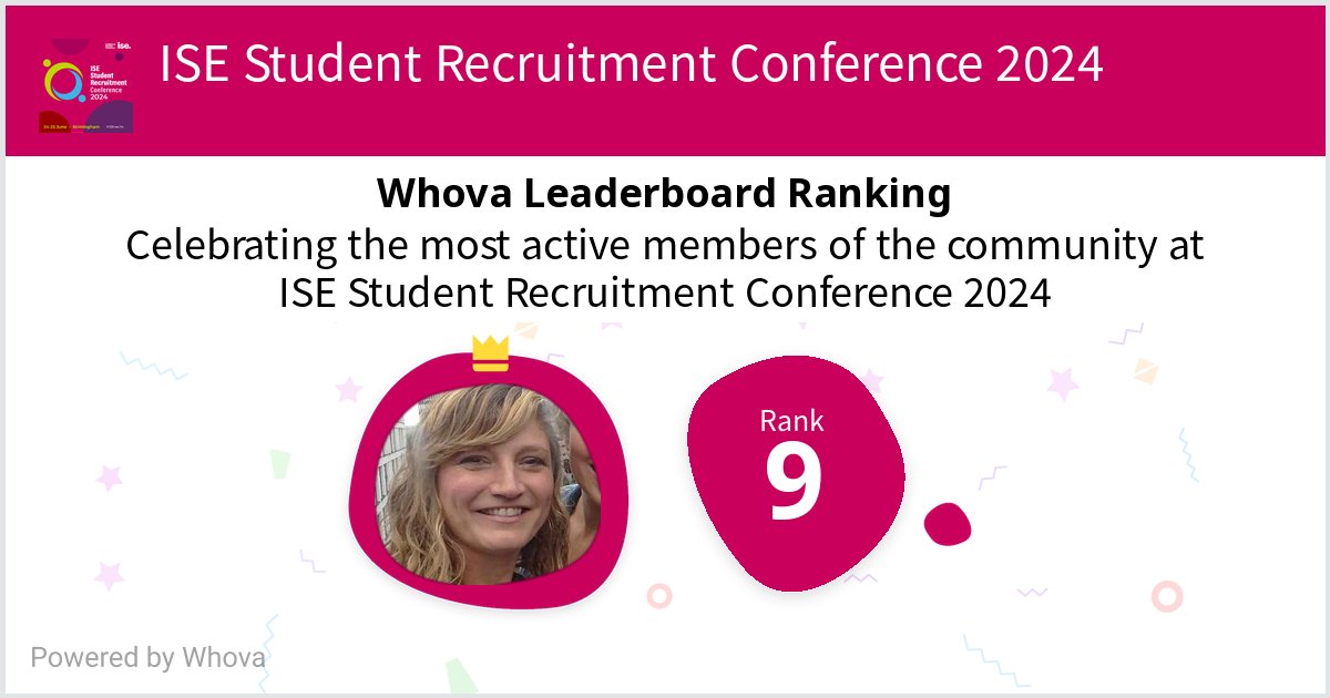 Lucy Everett (@luceeverett) on Twitter photo Fun to have made it to #9 on the Whova leaderboard at ISE Student Recruitment Conference 2024! #ISErec24 - via #Whova event app - really enjoying the conference. So much food for thought! Fun to have made it to #9 on the Whova leaderboard at ISE Student Recruitment Conference 2024! #ISErec24 - via #Whova event app - really enjoying the conference. So much food for thought!