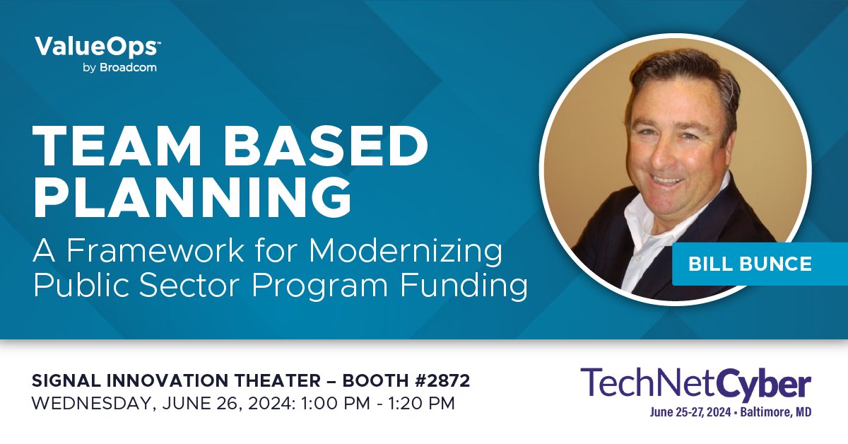 BroadcomVSM's tweet image. Are you at #TechNetCyber? TOMORROW is Bill Bunce&apos;s session on Team Based Planning - A Framework for Modernizing Public Sector #ProgramFunding. This session introduces a new approach to #ProgramPlanning, one that is focused on teams rather than projects: events.afcea.org/afceacyber24/P…