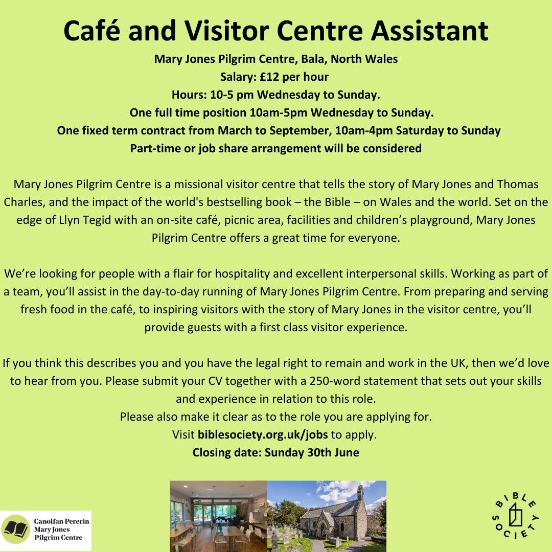 📣Swydd ar gael / Job opportunity 📣

Cynorthwyydd Caffi a Chanolfan Ymwelwyr

Cafe and Visitor Centre Assistant

Dyddiad cau: Mehefin 30
Closing date: June 30

Holl wybodaeth yma/ All the information can be found here ⬇️

Ewch amdani!

#Swyddi #Jobs #NorthWales #Bala