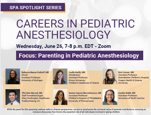 Our next virtual panel, Parenting in Pediatric Anesthesiology, is on June 26th, 7:00 - 8:00 PM EDT. 
Join us for an engaging discussion about our panelists’ experiences building a family and parenting in pediatric anesthesiology!
Register here: umich.qualtrics.com/jfe/form/SV_5v…
#PedsAnes
