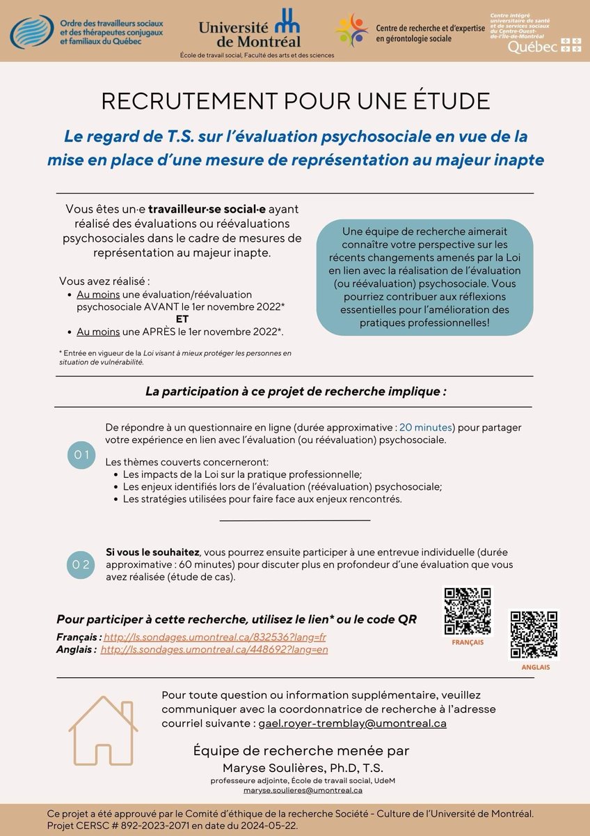 Maryse Soulières est à la recherche de T.S. souhaitant participer à une étude intitulée Le regard de T.S. sur l’évaluation psychosociale en vue de la mise en place d’une mesure de représentation au majeur inapte. En savoir plus : creges.ca/wp-content/upl… <a href="/otstcfq/">OTSTCFQ</a>