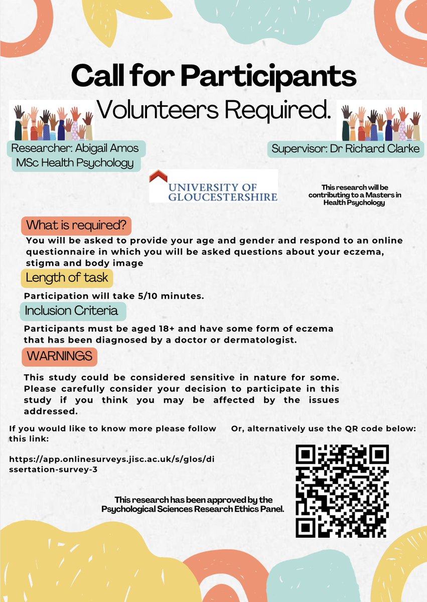 Do you, or someone you know, have eczema? One of our MSc #HealthPsychology students has an excellent body image project that we are currently recruiting for. Please do share widely and tag in those that you think might be interested. Survey &lt;10 mins app.onlinesurveys.jisc.ac.uk/s/glos/dissert…