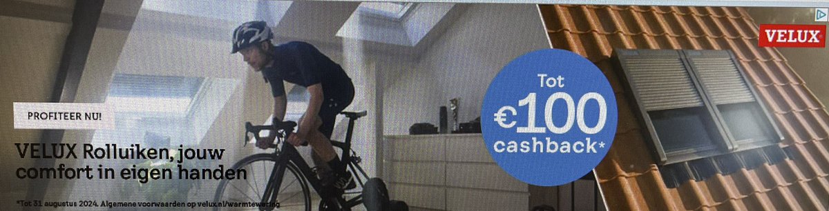 AnneWillemBraam's tweet photo. Veiligheid voor alles in de reclame van @VELUX straks val je nog van je fietstrainer…🙄 😁 #helmop https://t.co/ofzLN71UEY