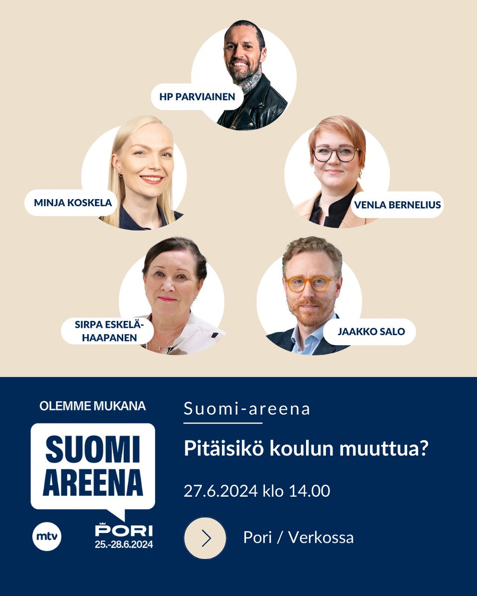 Mitä koulussa pitäisi muuttaa? Lisää kuria, vähemmän läksyjä? <a href="/JYU_Edu/">JYU.Edu</a>'n paneelissa Porin Suomi-areenassa 27.6. näkemyksensä jakavat <a href="/minjakoskela/">Minja Koskela</a> <a href="/VBernelius/">Venla Bernelius</a> <a href="/SirpaEskela/">S. Eskelä-Haapanen</a> ja <a href="/JJJSalo/">Jaakko Salo</a>, juontajana HP Parviainen. Tervetuloa seuraamaan Poriin tai verkkoon! jyu.fi/fi/uutinen/pit…