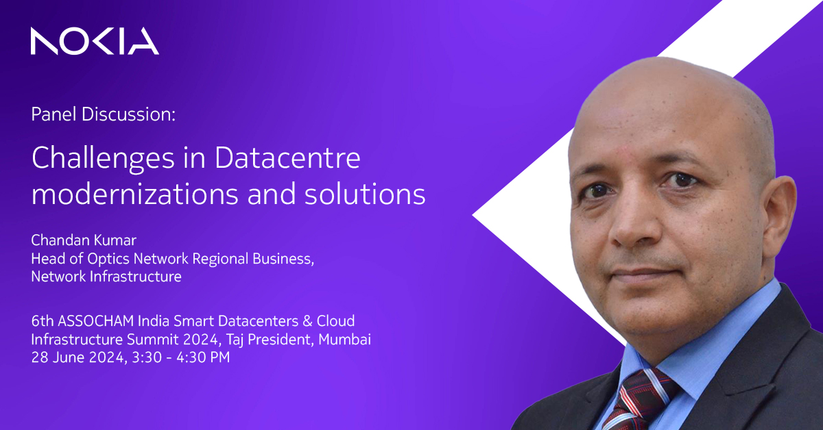 Join us at the 6th <a href="/ASSOCHAM4India/">ASSOCHAM</a> India Smart Datacenters &amp; Cloud Infrastructure Summit 2024, where our <a href="/chandan_71/">Chandan Kumar</a> will discuss challenges related to #datacenter modernization on 28 June at 3:30PM.

Visit our booth to explore modern data center fabrics: nokia.ly/4eB9fRQ