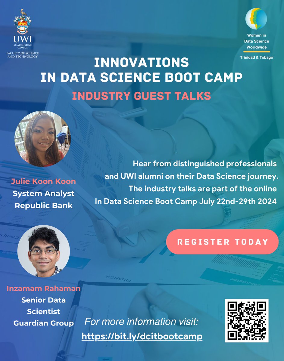 ʀᴇᴀᴅʏ ᴛᴏ ᴇxᴘʟᴏʀᴇ ᴅᴀᴛᴀ ꜱᴄɪᴇɴᴄᴇ?
Unlock the world of Data Science from July 22-29! Perfect for Forms 4-6 students. 
100% online; no coding experience is necessary!
More info: bit.ly/dcitbootcamp
#FSTUWI #DataScience #UWI #FutureInnovators