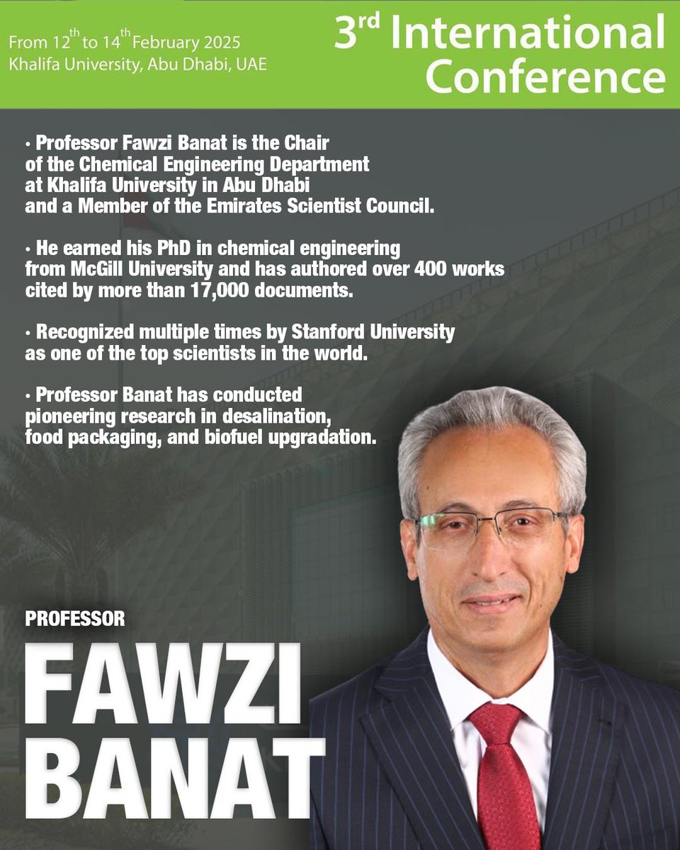 🎉Introducing 3rd GREENERING International Conference chairs:
📌Professor Ana Rita Duarte, University NOVA Lisbon, Portugal
📌Professor Senka Vidovic, Faculty of Technology Novi Sad, Serbia
📌Professor Fawzi Banat, Khalifa University in Abu Dhabi, UAE 
<a href="/KhalifaUni/">جامعة خليفة للعلوم والتكنولوجيا</a>