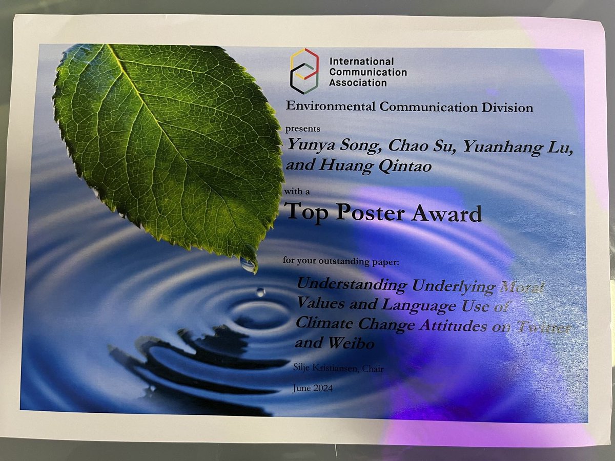 Chris Su (@chrischaosu2021) on Twitter photo I'm thrilled to know that our study on climate change attitudes on Twitter and Weibo employing computational analysis, won the Best Poster Award from <a href="/ICAEnviroComm/">ICA Environmental Communication Division</a> at #ICA24! We're so grateful for this recognition of our work. I'm thrilled to know that our study on climate change attitudes on Twitter and Weibo employing computational analysis, won the Best Poster Award from <a href="/ICAEnviroComm/">ICA Environmental Communication Division</a> at #ICA24! We're so grateful for this recognition of our work.