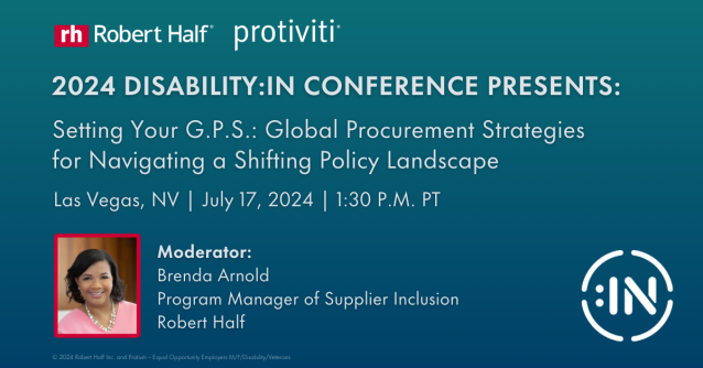 Cheeks8383's tweet photo. Brenda Arnold, manager for @RobertHalf and @protiviti’s enterprise supplier inclusion program, will moderate a @DisabilityIN conference panel on global procurement strategies in a shifting policy landscape on July 17 in #LasVegas. #INfor2024 https://t.co/G8CwJQdU7I https://t.co/bwHcacjlym
