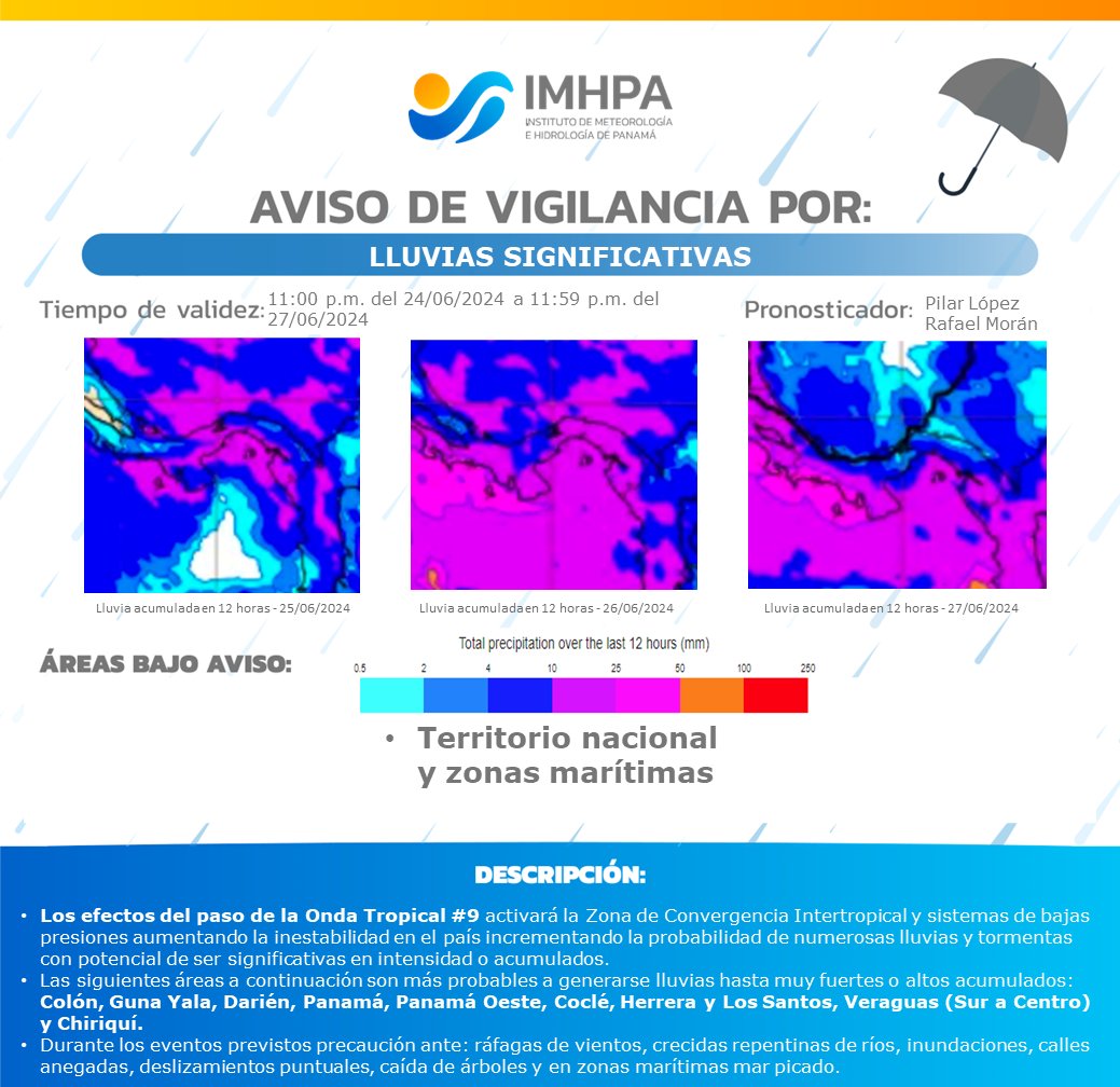 TReporta's tweet photo. .@imhpapma emitió un aviso de vigilancia hasta el 27 de junio por el paso de la onda tropical #9, que podría incrementar la inestabilidad en el clima.
Se encuentran bajo aviso: Colón, Guna Yala, Panamá, Panamá Oeste, Coclé, Darién, Herrera, Los Santos, Veraguas y Chiriquí.
#TReporta