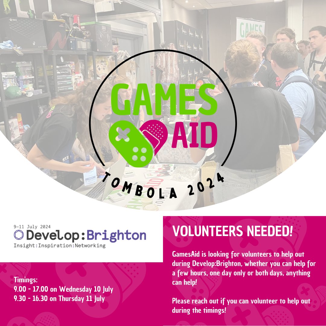 GamesAid will be at @DevelopConf again this year with our popular tombola! Pass by, say hi, and participate!

We’re looking for volunteers for Tuesday/Wednesday. If you can help, email gina.lourenco@gamesaid.org #DevelopBrighton #GamesAid