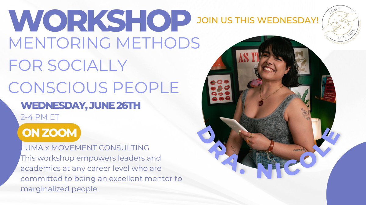 LUMA (@lumamentoring) on Twitter photo Do you want to become a better mentor? ๐
Join us virtually this Wednesday, June 26th from 2-4 pm ET for a workshop by <a href="/jazztronomy/">Dra. Nicole ๐ณ๏ธโ๐</a> from <a href="/wearemvmt/">Movement Consulting</a> on Mentoring Methods for Socially Conscious People! โจ๏ธ
All LUMA, <a href="/BlackInAstro/">Black In Astro โข</a> and <a href="/VanguardSTEM/">VanguardSTEM</a> members welcome! ๐ซ Do you want to become a better mentor? ๐
Join us virtually this Wednesday, June 26th from 2-4 pm ET for a workshop by <a href="/jazztronomy/">Dra. Nicole ๐ณ๏ธโ๐</a> from <a href="/wearemvmt/">Movement Consulting</a> on Mentoring Methods for Socially Conscious People! โจ๏ธ
All LUMA, <a href="/BlackInAstro/">Black In Astro โข</a> and <a href="/VanguardSTEM/">VanguardSTEM</a> members welcome! ๐ซ