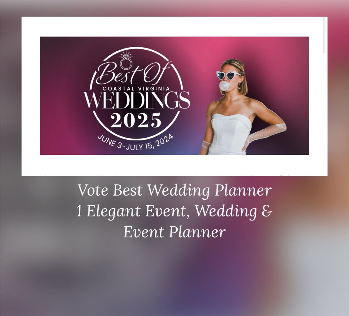 LadyCrosswhite's tweet photo. Vote  for 
1 Elegant Event Wedding &amp; Event Planning for best COVA Virginia Wedding Planner. 
Thank you in advance for your support 😘😘😘
Also there are several of my event vendor friends listed in categories, know that I voted for you too! 💖

https://t.co/pDN8Cs9F34 https://t.co/6NZzLA6r4n