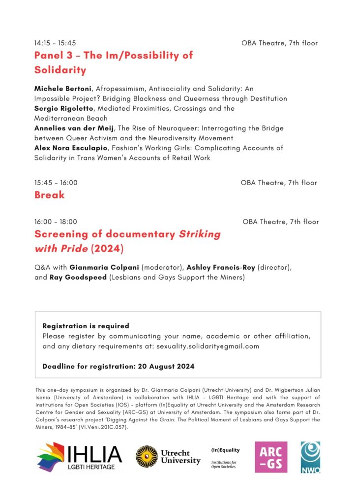 Excited to announce I will be speaking during the symposium ‘Sexuality &amp; Solidarity: Theories / Archives / Movements’! Thursday 12 September, 2024, organized by Gianmaria Colpani (UU) and <a href="/julian_isenia/">Dr. Wigbertson Julian Isenia</a> (UvA), will take place at <a href="/Ihlia/">IHLIA LGBTI Heritage</a> in Amsterdam. Register before 20 August!