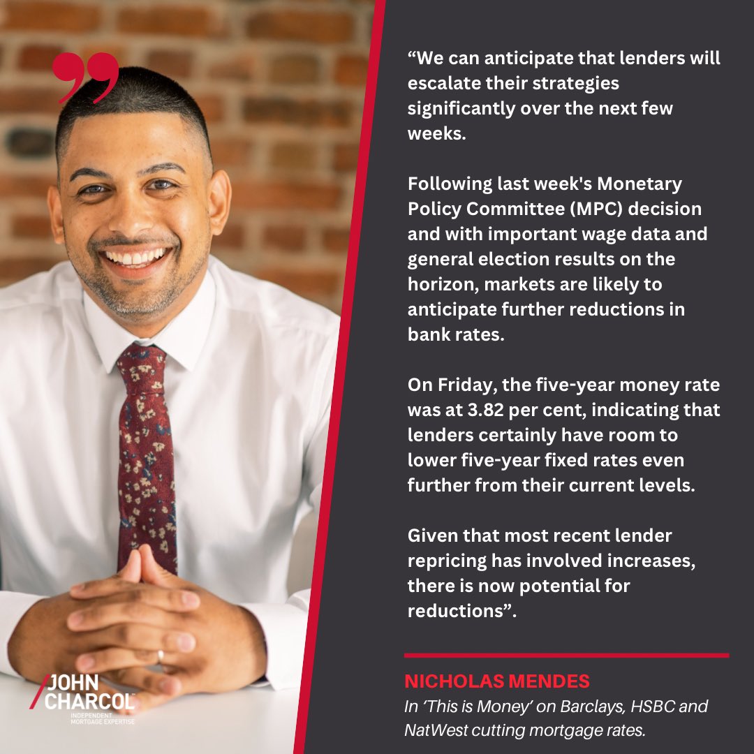 JohnCharcol's tweet photo. Our very own Nicholas Mendes in ‘This is Money’ providing some comments on Barclays, HSBC and NatWest cutting mortgage rates. 

Click the link below to read the full article and Nicholas’s full comments.👇

https://t.co/8vfsG90ZXs

#johncharcol #mortgagebroker #mortgagebrokers https://t.co/3XISVb1FA1