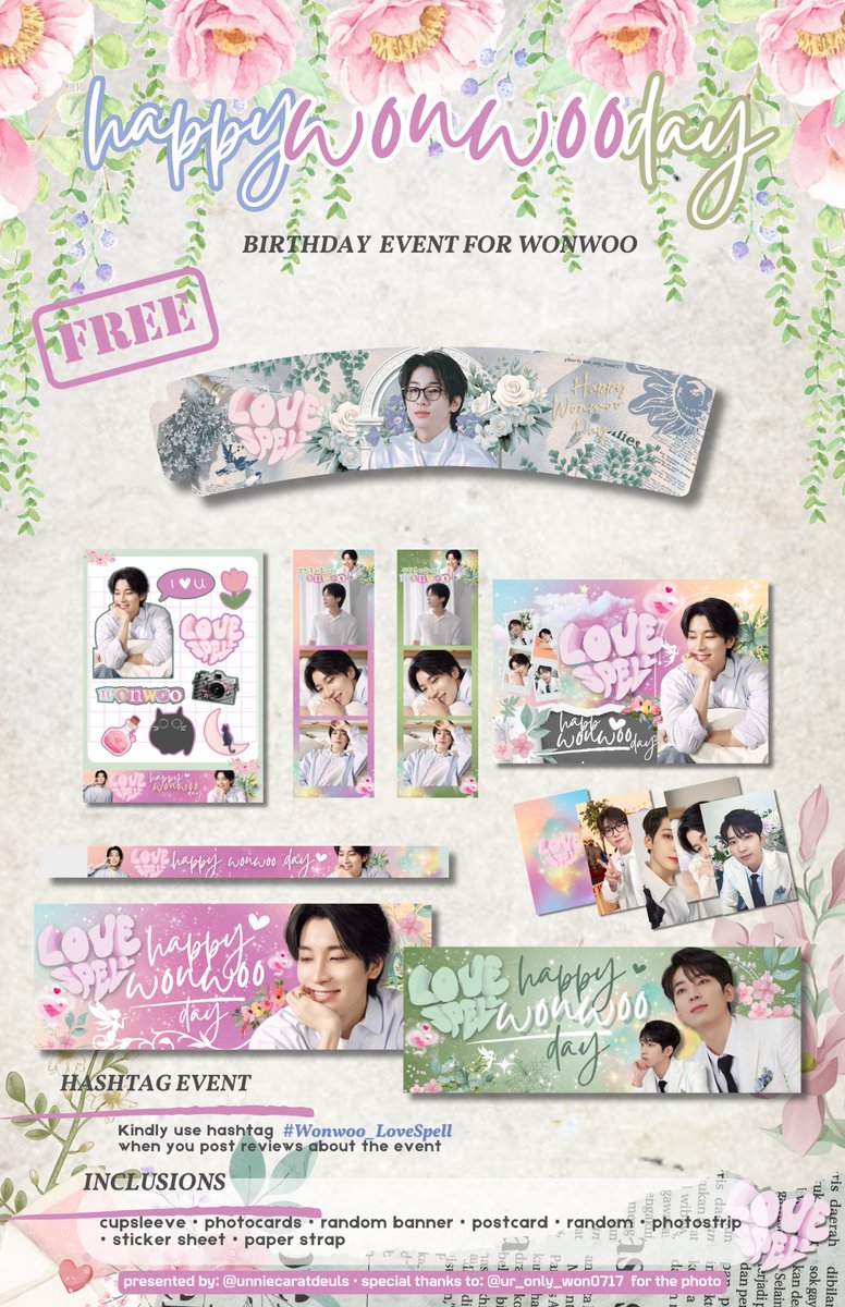 `✵•.¸,✵°✵.｡.✰𝓛𝓸𝓿𝓮 𝓢𝓹𝓮𝓵𝓵 `✵•.¸,✵°✵.｡.✰

A FREE Birthday Cupsleeve kit for SVT's Wonwoo by @thekofiteacafe and <a href="/wonwooday_ph/">#WonDungeeLand</a>

FREE WONWOO LOVESPELL BIRTHDAY KITS. No need to buy something. 
Limited slots only.