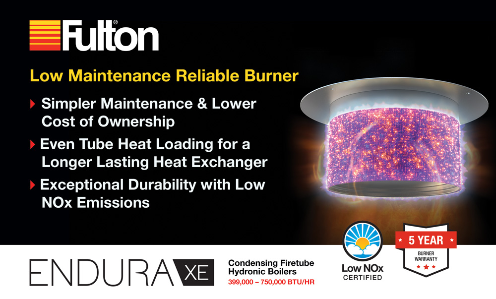 Fulton's ENDURA XE condensing hydronic boiler combines environmentally friendly, low NOx emissions with the rugged durability of industrial-grade equipment, making burner maintenance simpler than ever. fulton.com/exe