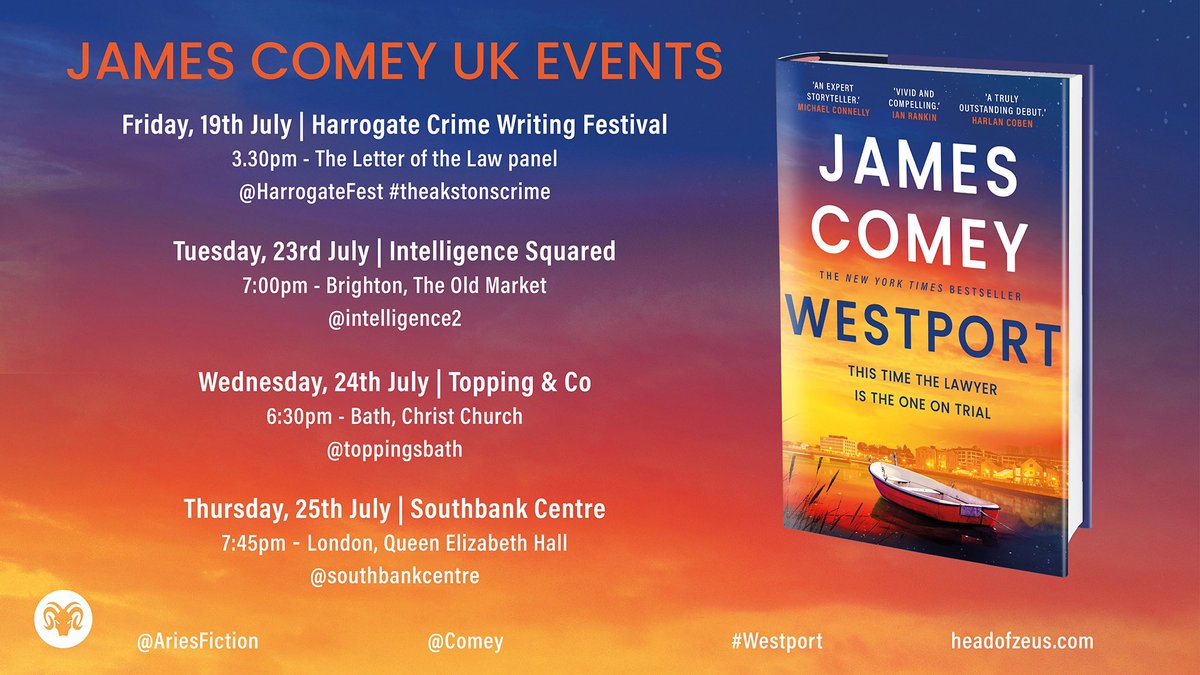 Comey's tweet image. Excited to be in the UK next month to talk about “Westport”