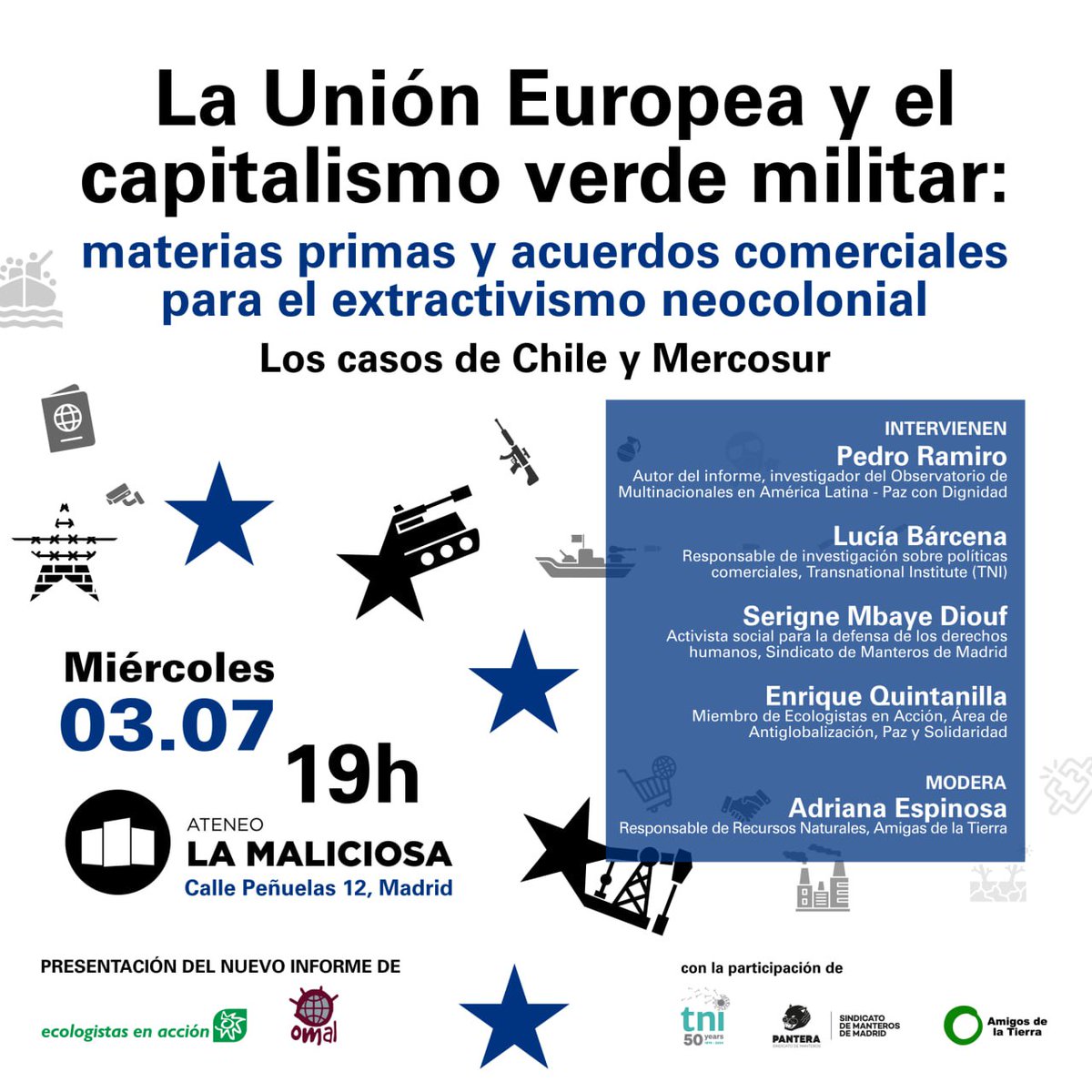 Ecologistas Madrid (@eeamadrid) on Twitter photo Presentación en <a href="/AteneoMaliciosa/">La Maliciosa</a> del informe "La Unión Europea y el capitalismo verde militar".
Militarización. Fronteras. Extractivismo. Las políticas europeas muestran su cara más sangrienta y explotadora.
#LaUENoEsComoLaPintan Presentación en <a href="/AteneoMaliciosa/">La Maliciosa</a> del informe "La Unión Europea y el capitalismo verde militar".
Militarización. Fronteras. Extractivismo. Las políticas europeas muestran su cara más sangrienta y explotadora.
#LaUENoEsComoLaPintan