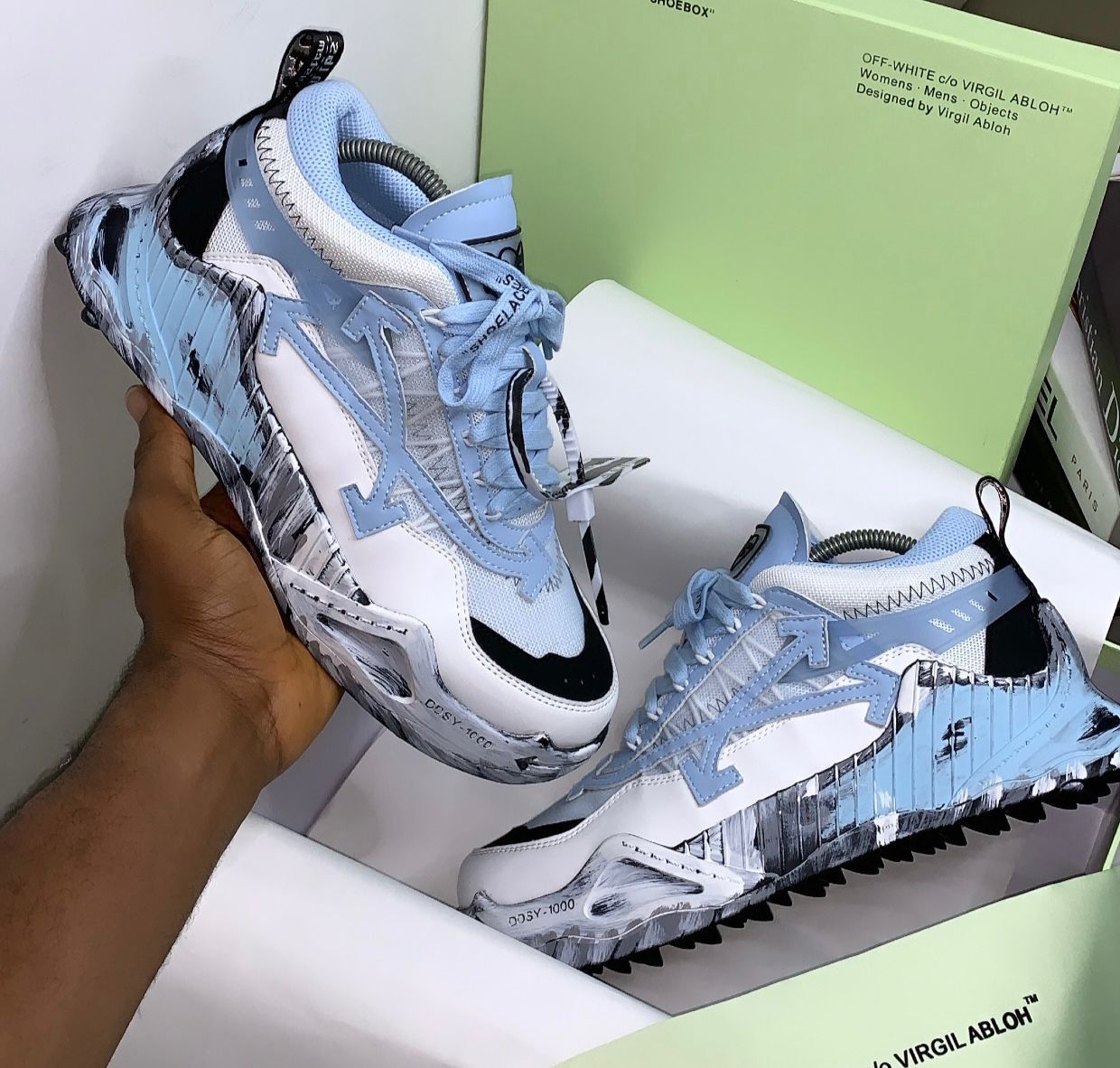 72 CLoThInG on X OFF WHITE ODSY 1000 BLUE MARBLE NOW AVAILABLE IN STORE SIZE 40 46 PRICE N105 000 https t Tv5aAuBE4j X