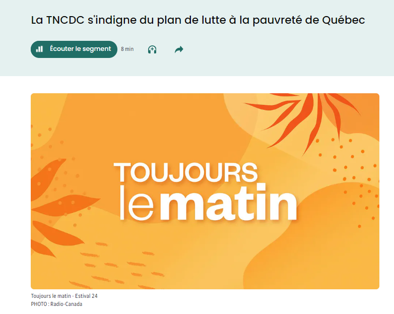 TNCDC's tweet photo. La TNCDC s'indigne du plan de lutte à la pauvreté de Québec! Ecoutez l'intervention de notre directrice Marie-Line Audet à la radio sur ce sujet. https://t.co/uF5nSfbkWg 
#plandeluttealapauvrete https://t.co/k7d2HfBact