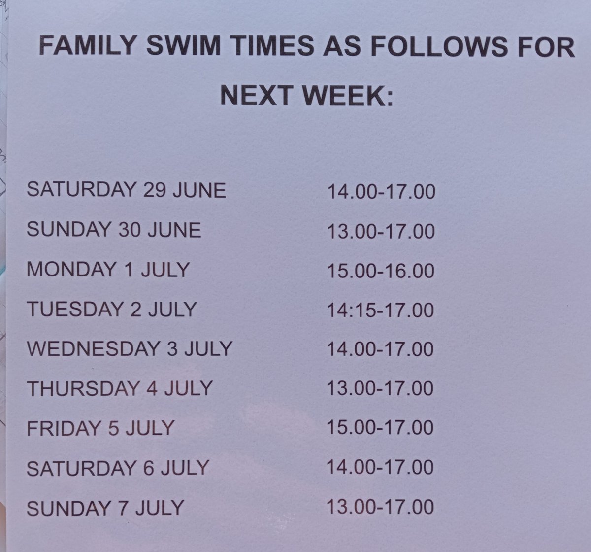 This week and next week's family swim times 😁