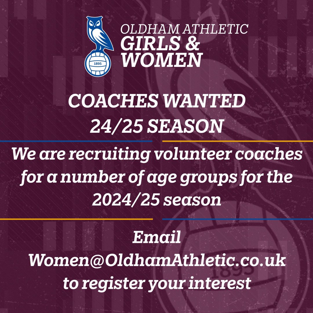 🚨 Coaches Wanted 🚨

If you’re interested in becoming a volunteer coach for Oldham Athletic Women and Girls. Email: women@oldhamathletic.co.uk

#OAFC | #OAWGFC