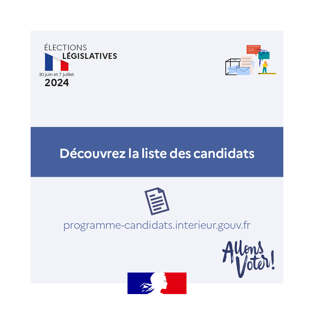 🗳 Dans chacune des 5 circonscriptions costarmoricaines, 1 député sera élu à l'issue des élections #Législatives2024.

Pour connaître les candidats de votre circonscription, rendez-vous sur 👉 programme-candidats.interieur.gouv.fr

#AllonsVoter