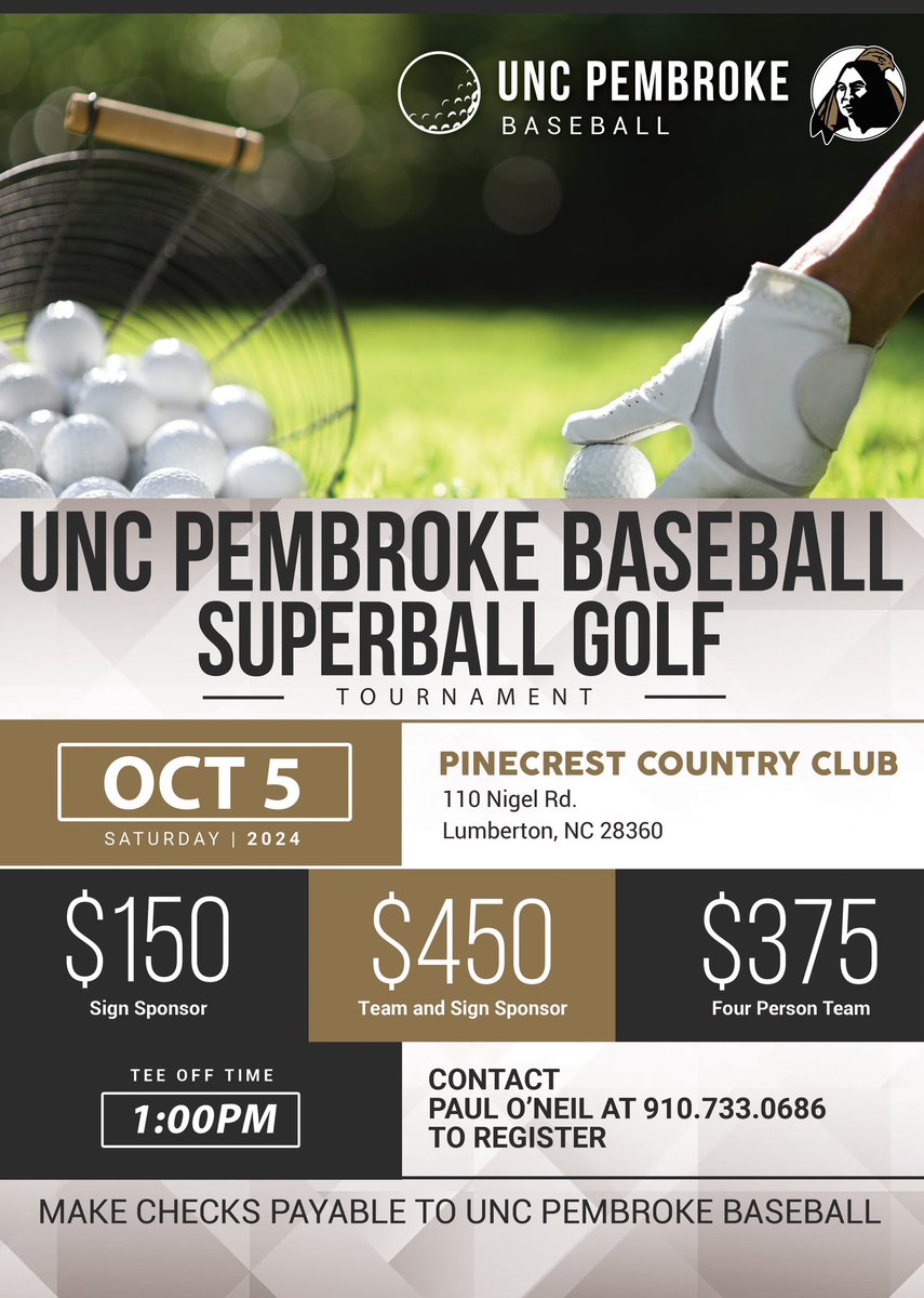 🚨BREAKING NEWS🚨 

Our 5th Annual UNCP Baseball Golf Tournament has been set for October 5th! Join us as we look to continue our streak of no golfers being arrested.