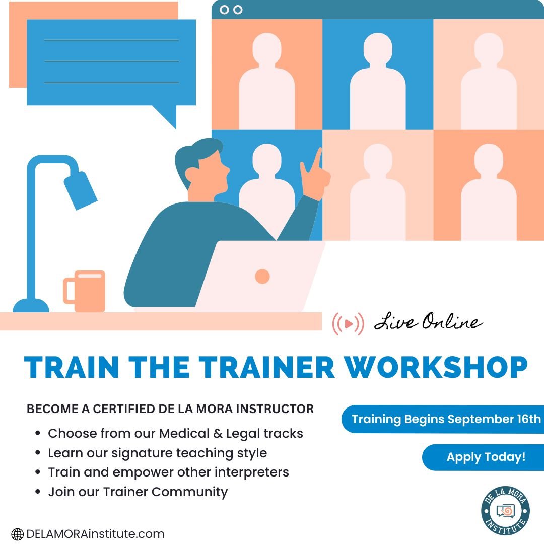 Calling all experienced interpreters &amp; language access advocates!  Our next Train the Trainer Workshop will begin Sep 16. Begin your path to becoming a certified trainer today. 

Link in bio! 🔗 

 #InterpreterTrainer #LanguageProfessional #MedicalInterpreter #CourtInterpreter