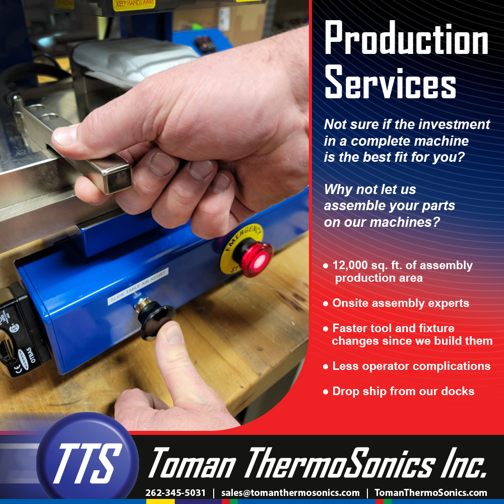 TomanTTS's tweet image. Not sure if the investment in a complete machine is the best fit for you? Why not let us assemble your parts on our in-house machines?

Learn more about our Production Services:
tomanthermosonics.com/contact-us/con…

#productionservice #assemblyservice  #tomanthermosonics