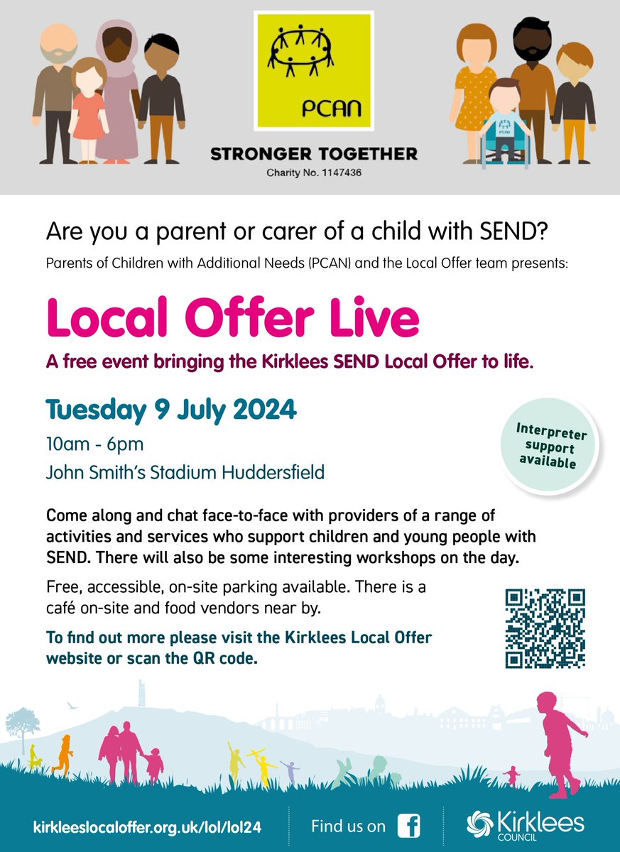 LOCAL OFFER LIVE EVENT 📢 

We will be there all day speaking to parents and carers of children and young people with SEND 🗨️ 

📍 John Smith's Stadium Huddersfield 
⏱️ 10:00 - 18:00 ~ Tuesday 9th July 2024 

#kirklees #localofferlive2024 #SEND #parentcarerforum #PCAN