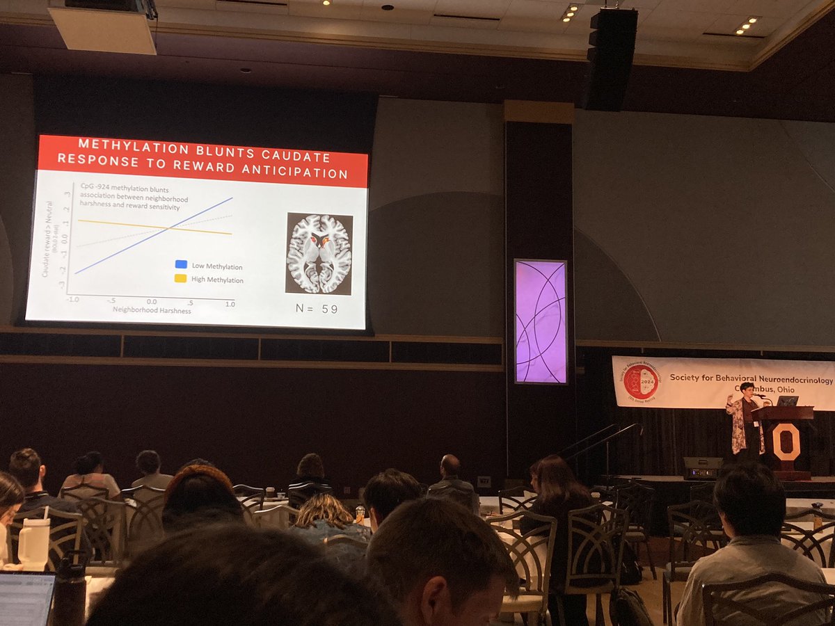 Our last speaker for Symposium #4 is Marlen Gonzalez, who is discussing her lab’s work on developmental calibration of adult neural reward sensitivity via the oxytocin receptor in humans! 👧🧠 #SBN2024