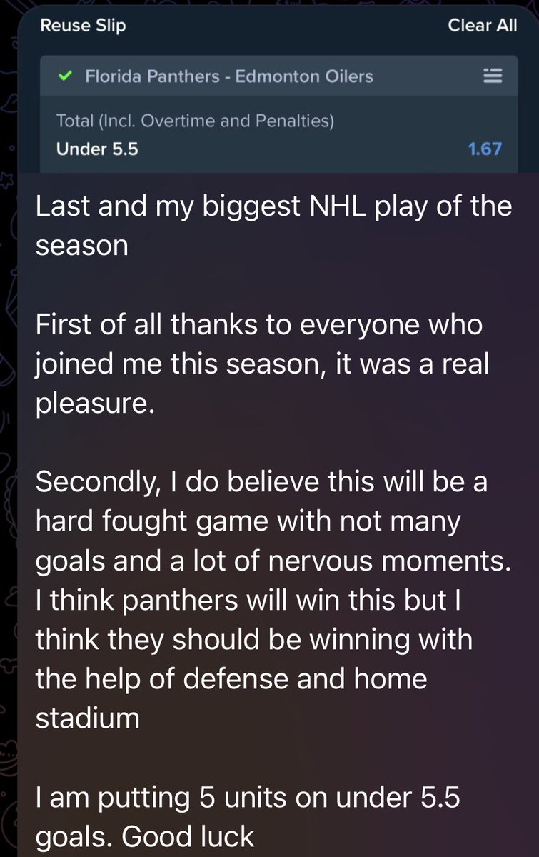 BDOIntel's tweet photo. Last and my biggest NHL play - WON🔥
100% HIT🎯
Thank you everyone for the season and for your support, we say goodbye to the #NHL until the end of the season, I won’t bet much on the #WNBA
#Florida555 #panthers #nhlfinal https://t.co/nSg79yVP3t
