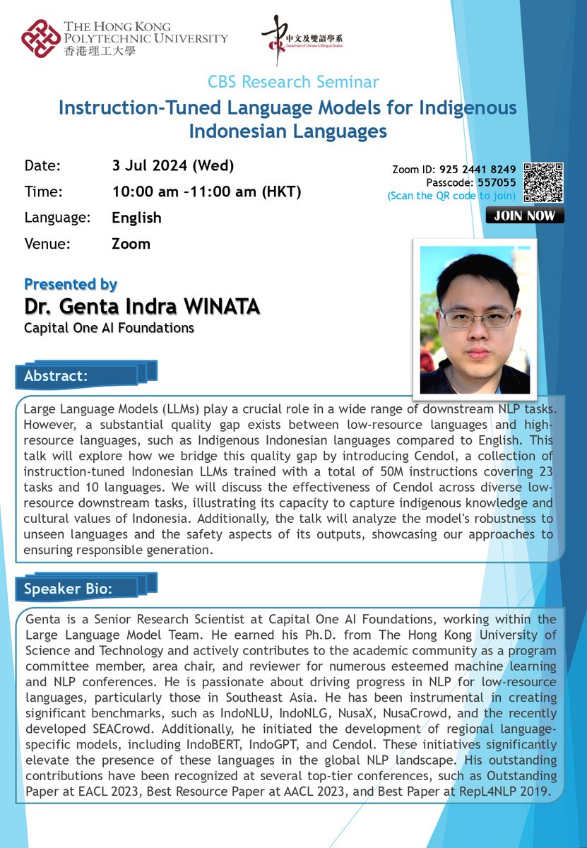 Emmanuele Chersoni (@emmanuelechers1) on Twitter photo Next CBS Research Seminar! Join us!
Wed Jul 3, 10 am HK time
Online on Zoom
Speaker: <a href="/gentaiscool/">Genta Winata</a> (Capital One AI Foundations)
Title: Instruction-Tuned Language Models for Indigenous Indonesian Languages Next CBS Research Seminar! Join us!
Wed Jul 3, 10 am HK time
Online on Zoom
Speaker: <a href="/gentaiscool/">Genta Winata</a> (Capital One AI Foundations)
Title: Instruction-Tuned Language Models for Indigenous Indonesian Languages