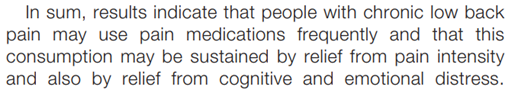Chad D. Kollas, MD (he/him/his) (@chaddkollas) on Twitter photo The authors' conclusion in this <a href="/PAINthejournal/">PAIN Journal</a> article is listed below (see screen capture).
A reasonable reader of their study would conclude more simply that consumption of pain medications offers pain relief, thereby encouraging its sustained use, which also relieves The authors' conclusion in this <a href="/PAINthejournal/">PAIN Journal</a> article is listed below (see screen capture).
A reasonable reader of their study would conclude more simply that consumption of pain medications offers pain relief, thereby encouraging its sustained use, which also relieves