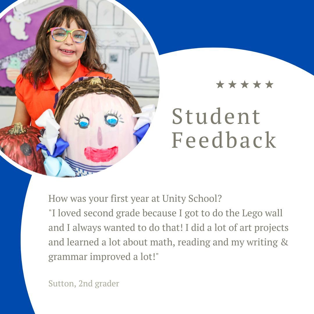 UnityDelray's tweet image. Sutton&apos;s first year at Unity School: &apos;I loved second grade because I got to do the Lego wall! I did a lot of art projects and learned a lot about math, reading, and my writing &amp;amp; grammar improved a lot!&apos; #UnitySchool #StudentFeedback