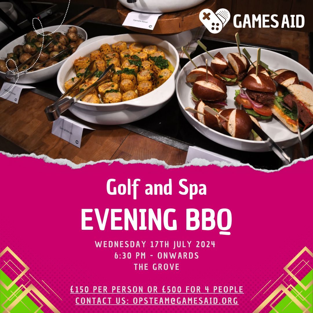 The GamesAid Golf &amp; Spa Day is coming up on July 17th at The Grove in Watford! 🏌️ 

If you’re not into golf, join us for our renowned BBQ dinner in the evening! 🍴 

Dinner slots are available. To book, email opsteam@gamesaid.org