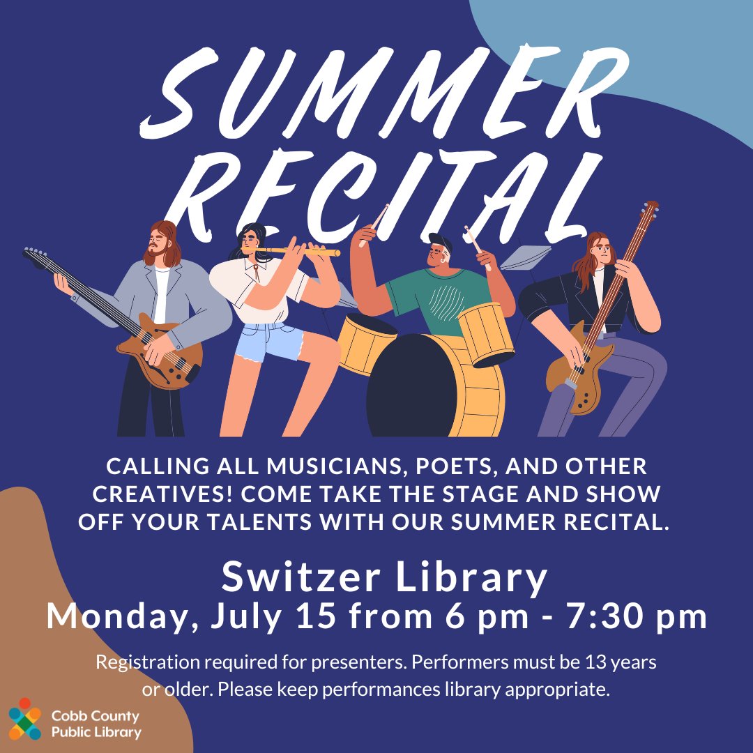 cobblibrary's tweet image. Calling all musicians, poets, &amp;amp; other creatives! Take the stage &amp;amp; show off your talents at our Summer Recital! Register now at cobbcat.org/events to secure your spot. Performances must be library appropriate.

#SwitzerLibrary | Mon, 7/15 | 6-7:30 pm | performers must be 13+